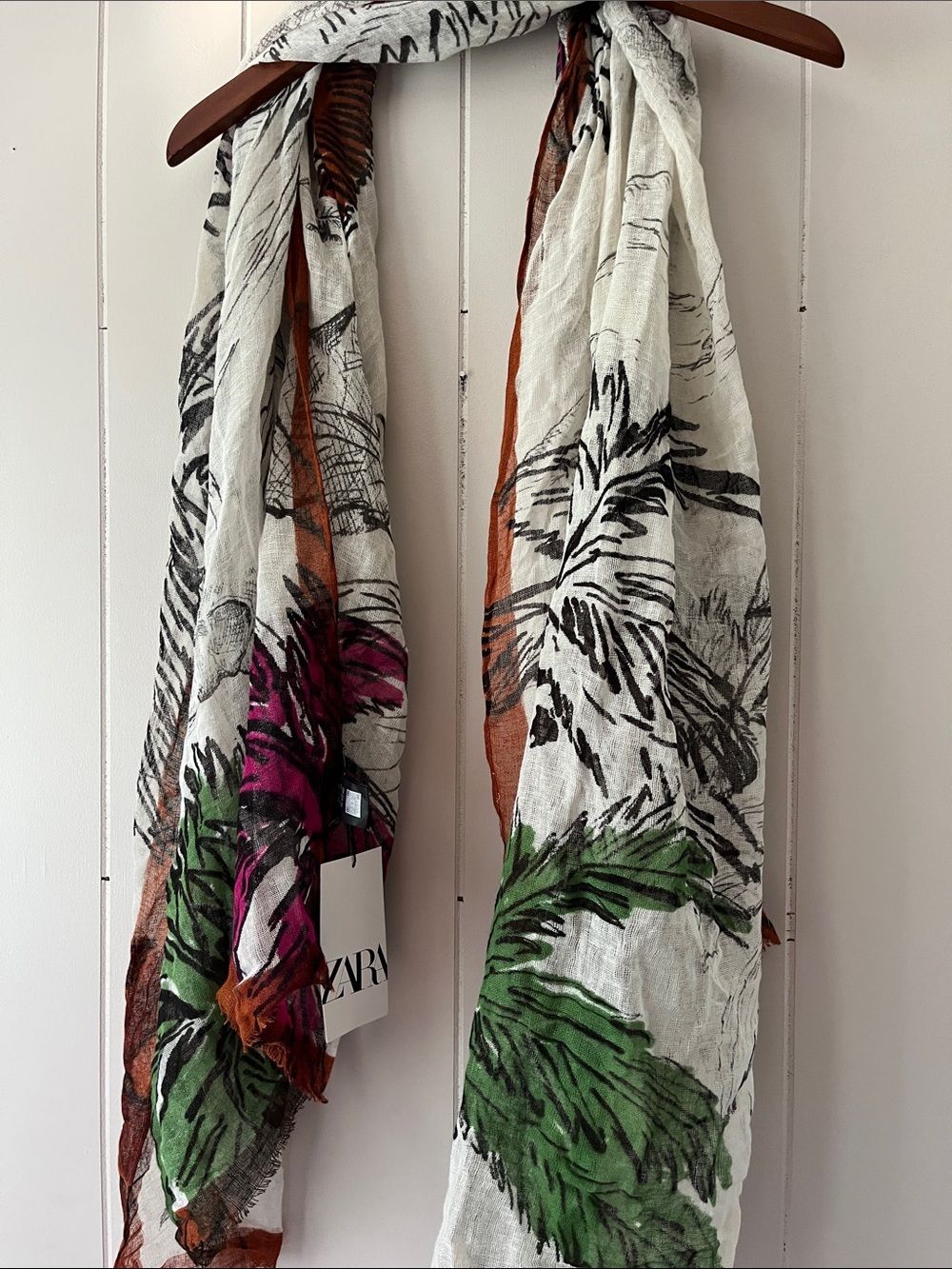 Zara Cream Botanical Scarf with Green, Pink & Brown Accents